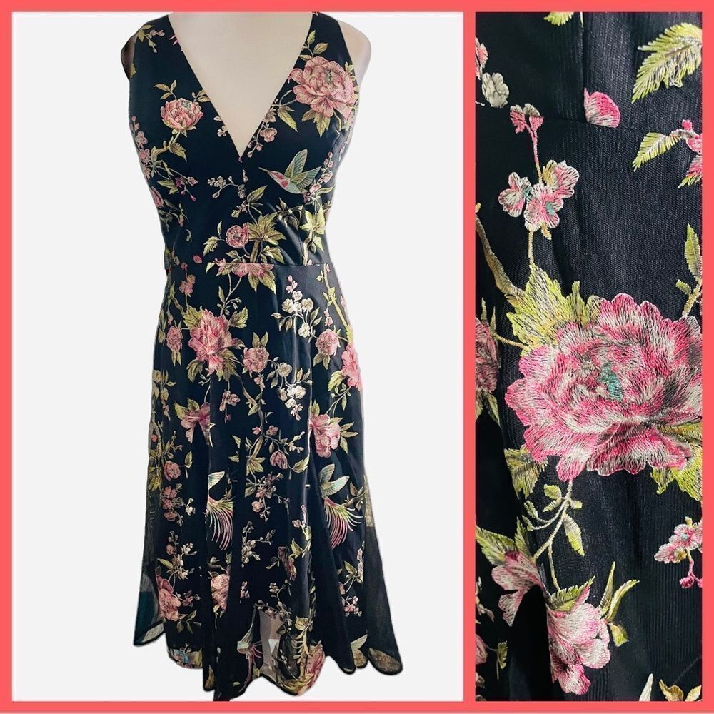 BEAUTIFUL BLACK FLORAL HALTER DRESS BY DRESS THE POPULATION, size Medium